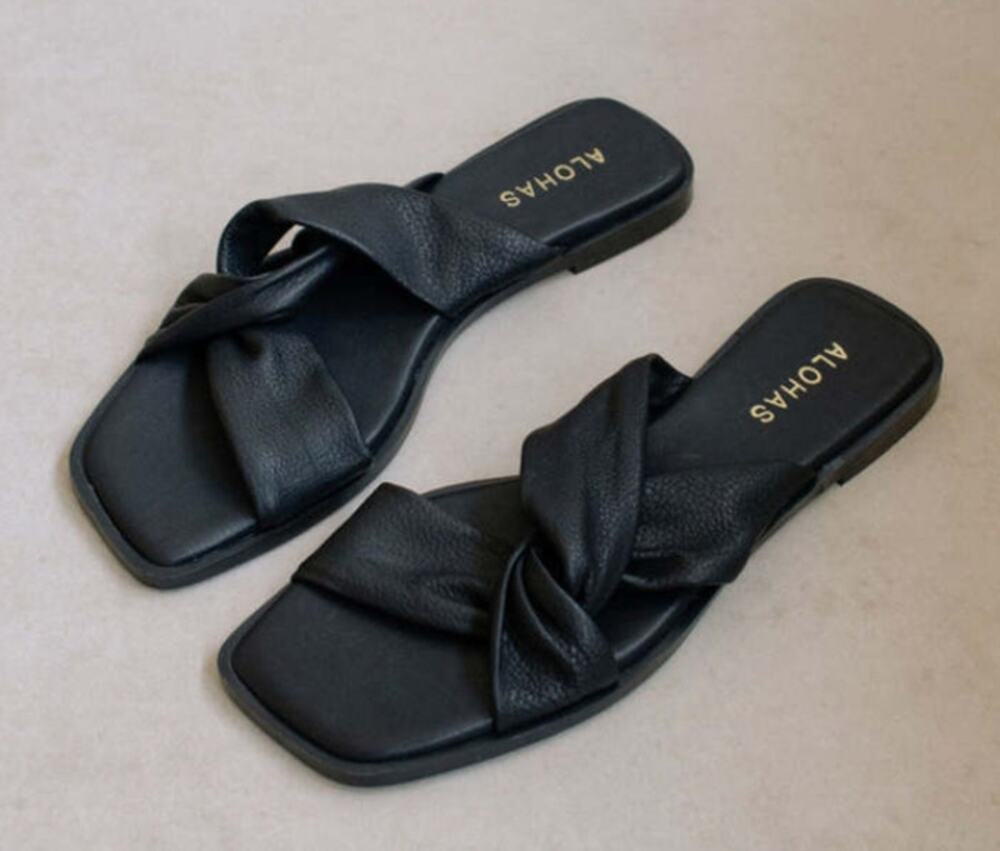 Alohas Nomad Black Leather Knot Slide Sandals